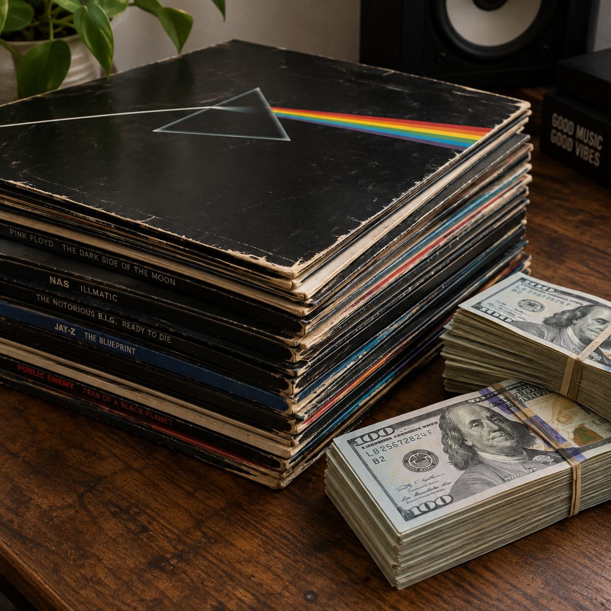 Pile de vinyles de classiques du rap et du rock posée à côté de liasses de billets de 100 dollars