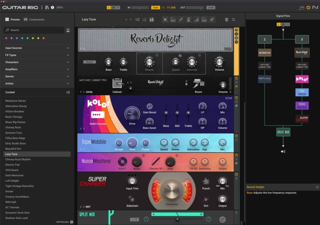 Interface de Guitar Rig de Native Instruments avec plusieurs effets et amplis